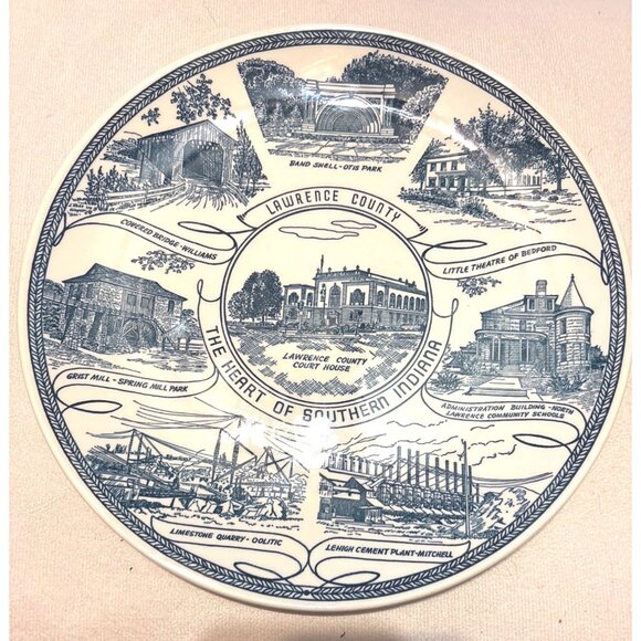 Lawrence County Indiana Souvenir Plate Kettlesprings Kilns 1660-S Blue print vtg - Picture 1 of 4